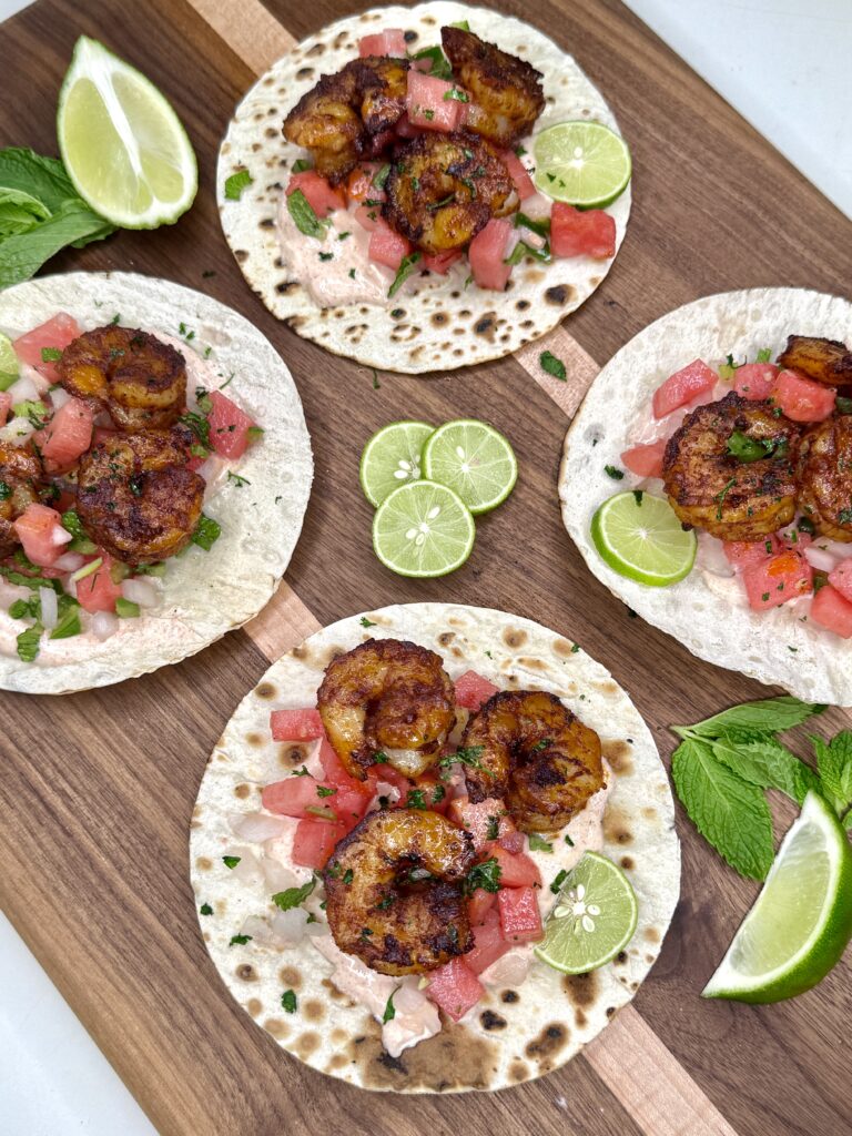 Healthy, Crispy and Spicy Shrimp Tacos with Watermelon Mint Pico