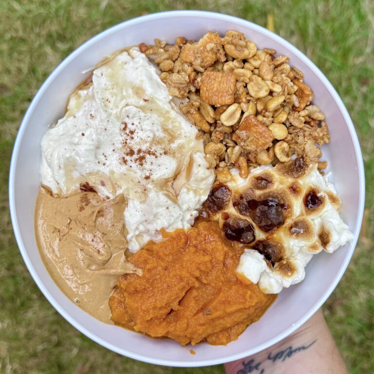 High Protein Pumpkin Pie Peanut Butter Marshmallow Yogurt Breakfast Bowl
