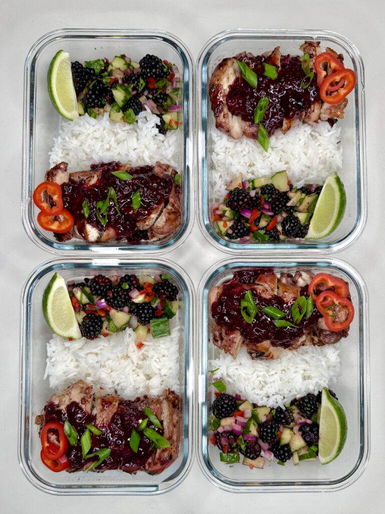 Sticky Bourbon Blackberry Chicken & Rice Bowls with Fresh Blackberry Salsa