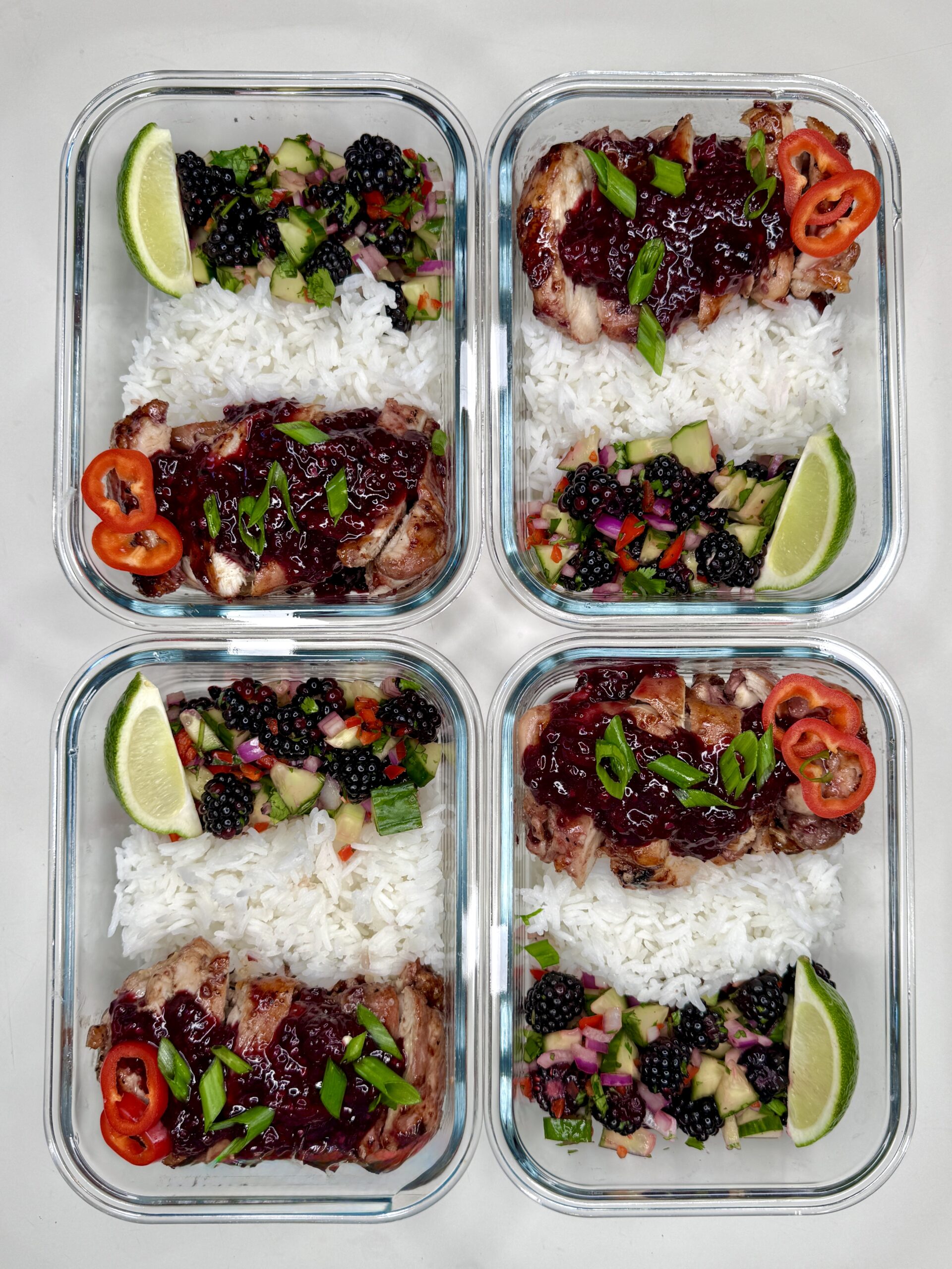 Sticky Bourbon Blackberry Chicken & Rice Bowls with Fresh Blackberry Salsa
